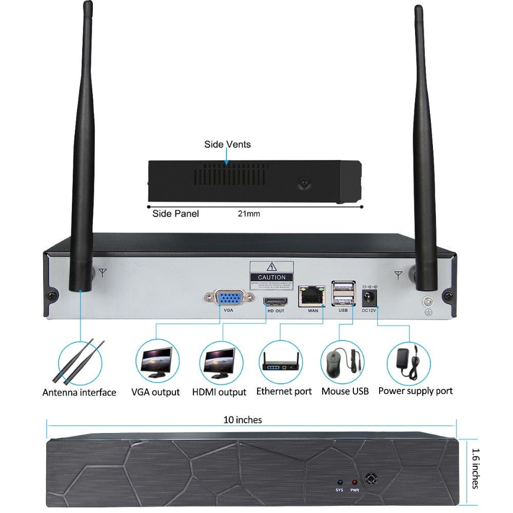 Home Security Camera System – 4 Channel Wireless NVR with 4 Waterproof Cameras