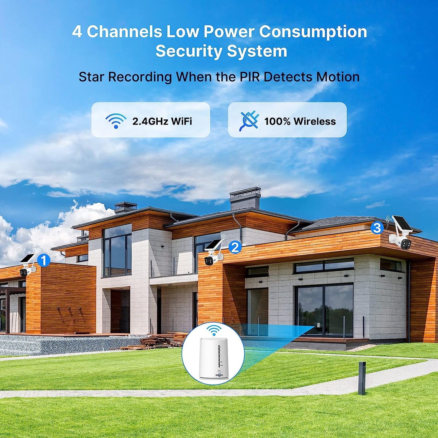 Hiseeu Wireless Security Camera System Outdoor - 4MP Solar-Powered, Wire-Free, Battery-Powered Home Camera with PIR, 2-Way Audio, and IP66 Waterproof Rating