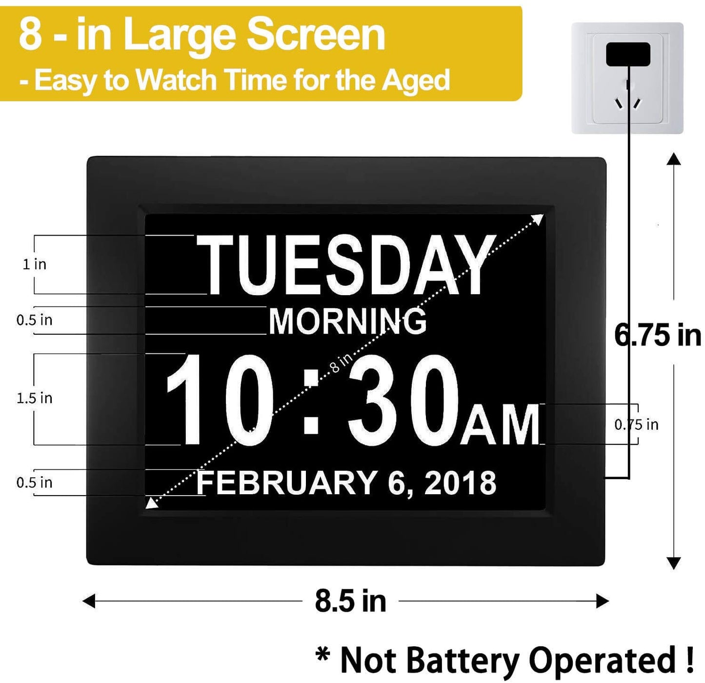 Digital Calendar Alarm Day Clock - 8” Screen Display, AM/PM, 5 Alarms, for Extra Impaired Vision People, The Aged Seniors, The Dementia, Wall Mounted, Black