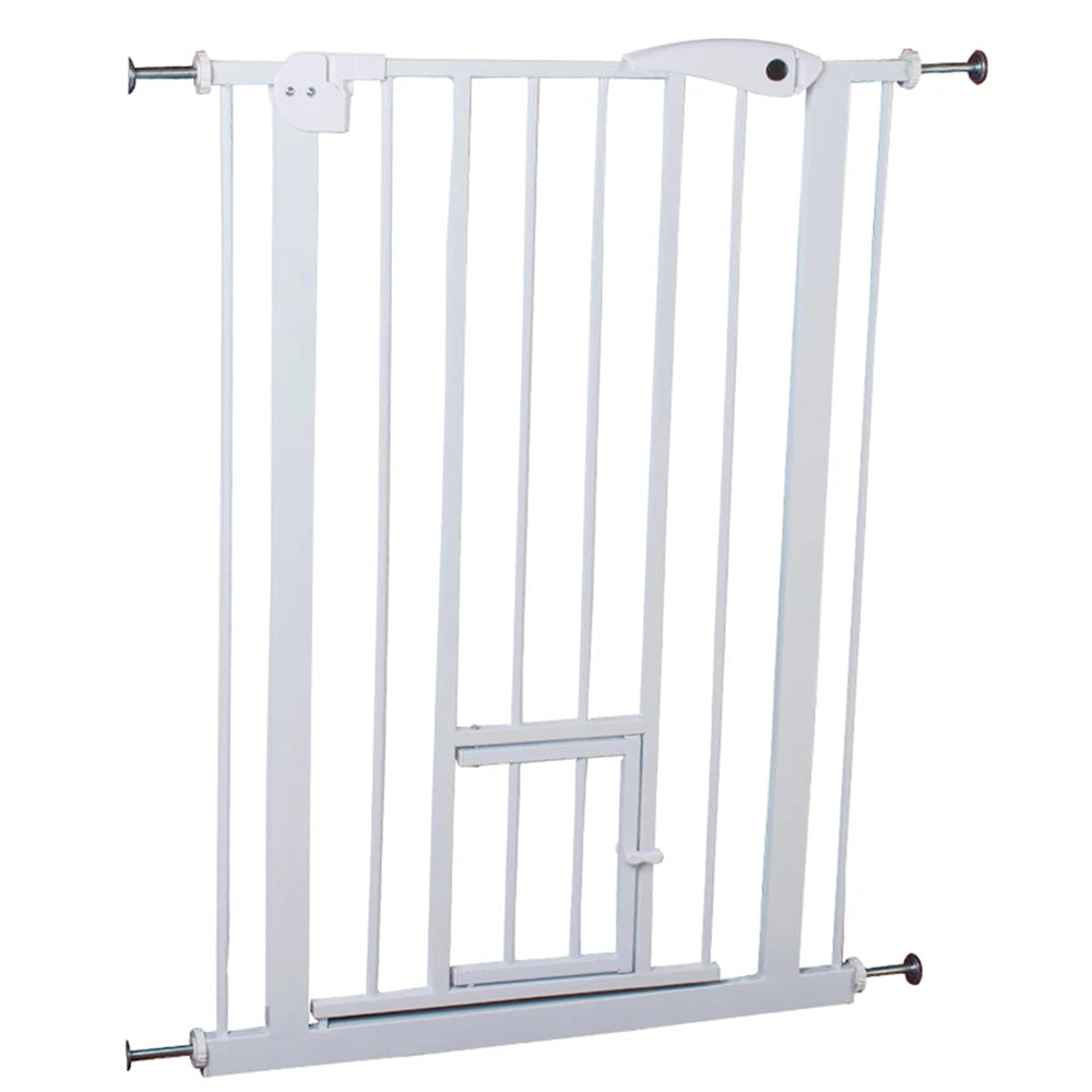 Adjustable Metal Doorway Barrier with Small Pet Door and Auto-Close Design