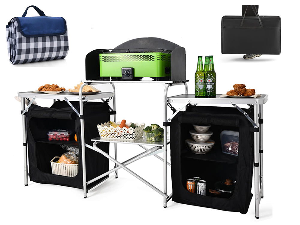 Deluxe Camping Kitchen - Foldable Portable Outdoor Cooking Station with Storage, Work Benches, and Steel Wind Shield