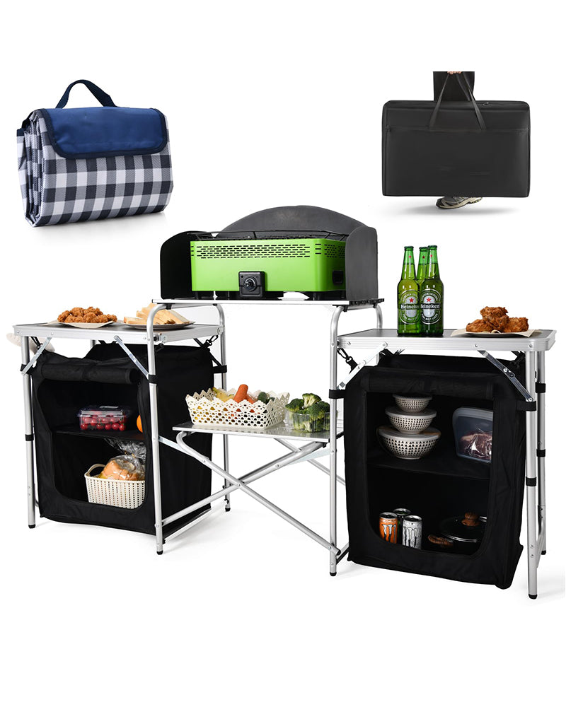 Deluxe Camping Kitchen - Foldable Portable Outdoor Cooking Station with Storage, Work Benches, and Steel Wind Shield