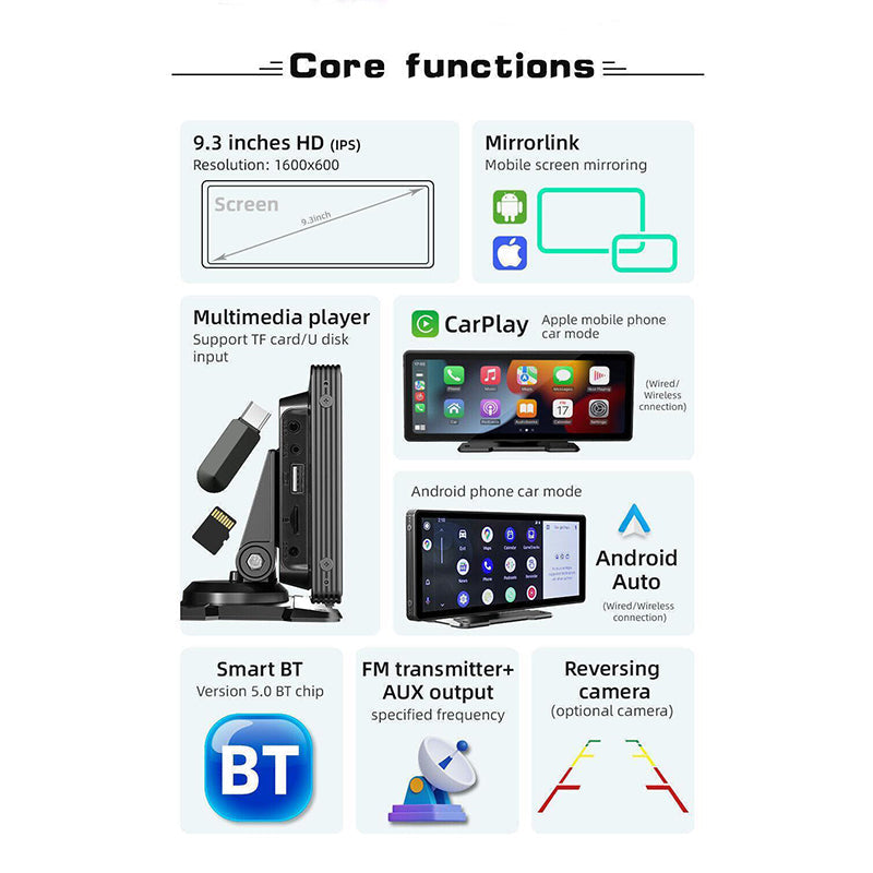 9.3-Inch Portable Car MP5 Player - Wireless & Wired CarPlay, Android Auto, MirrorLink, Multimedia Playback