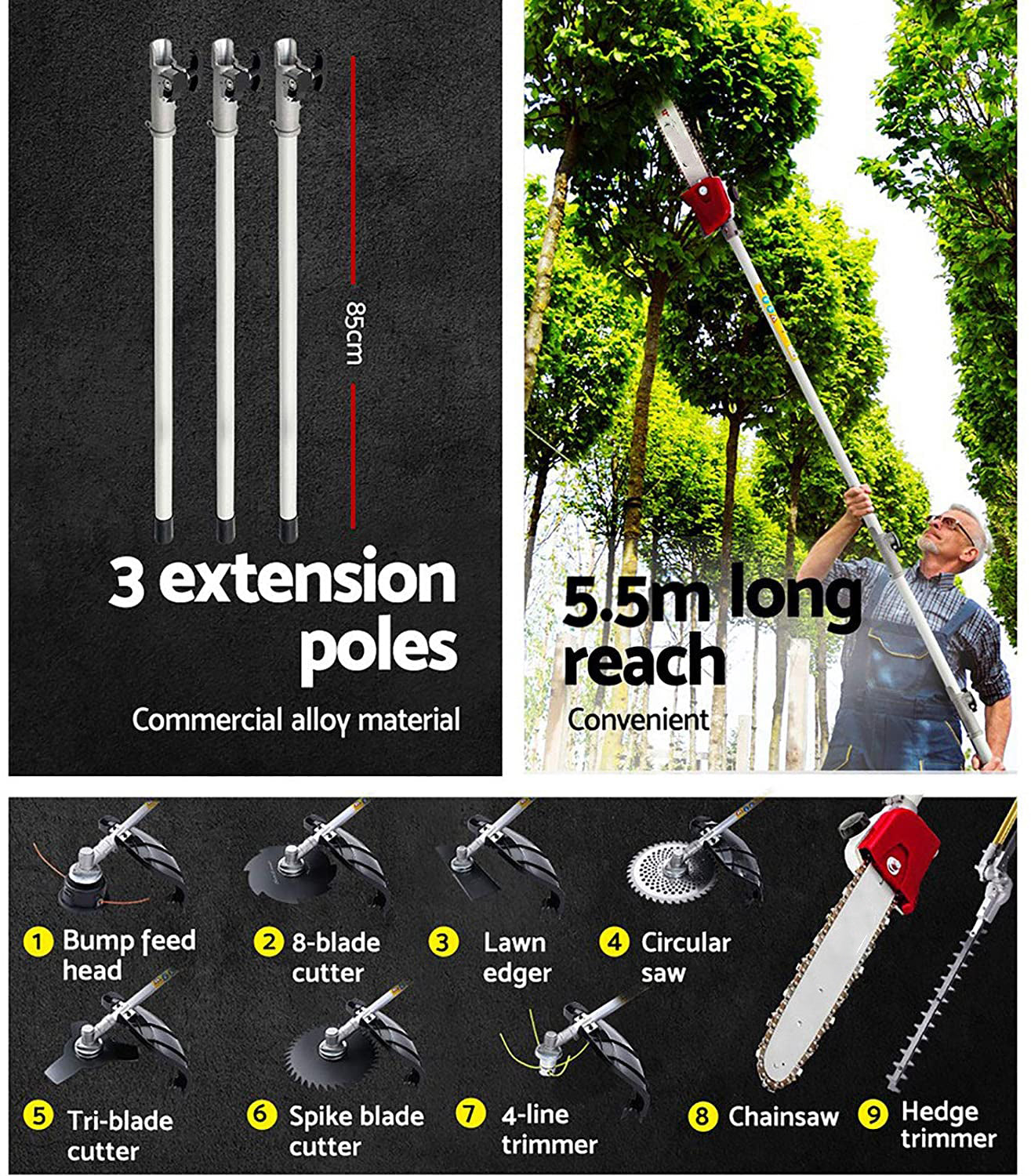 62CC Petrol Pole Chainsaw Saw Brush Cutter - 7-in-1 Multifunctional Garden Tool