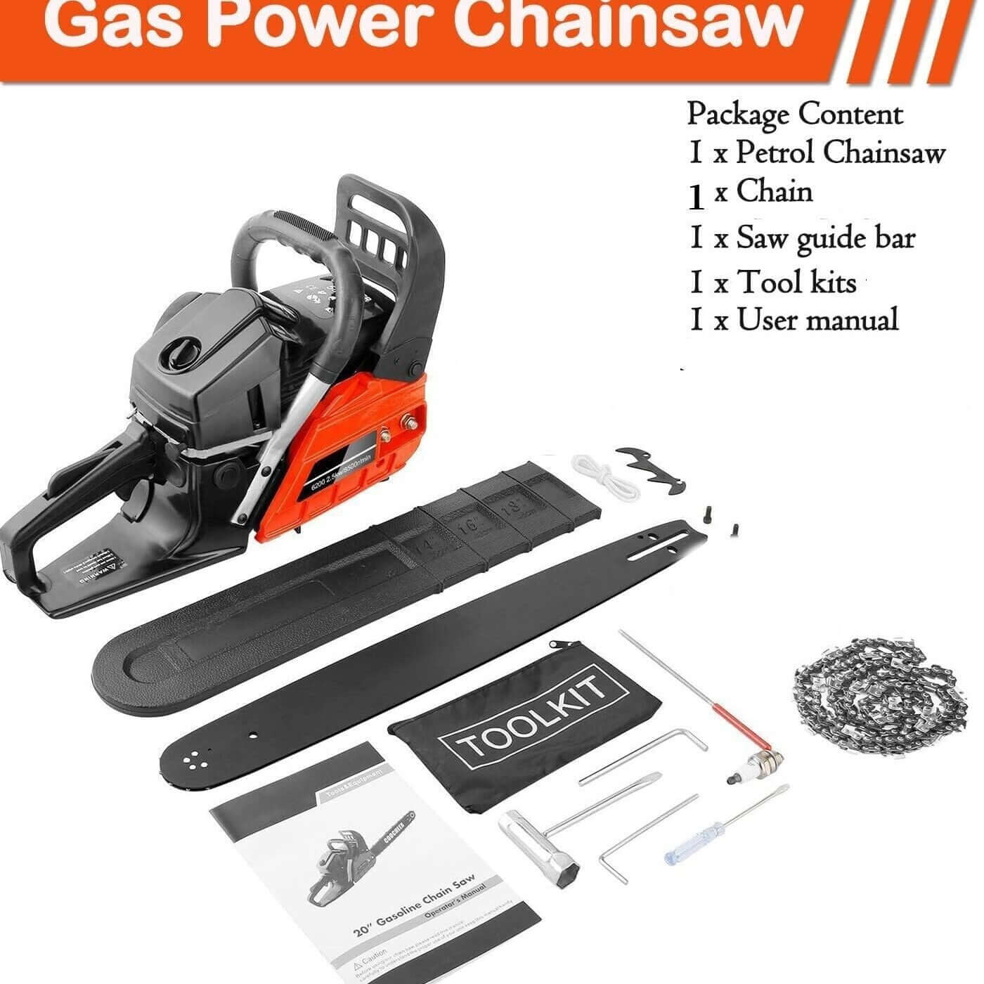 Chainsaw 62cc – 20" Petrol Chainsaw with Low-Kickback Chain, Fuel-Efficient 2-Cycle Engine for Heavy-Duty Cutting