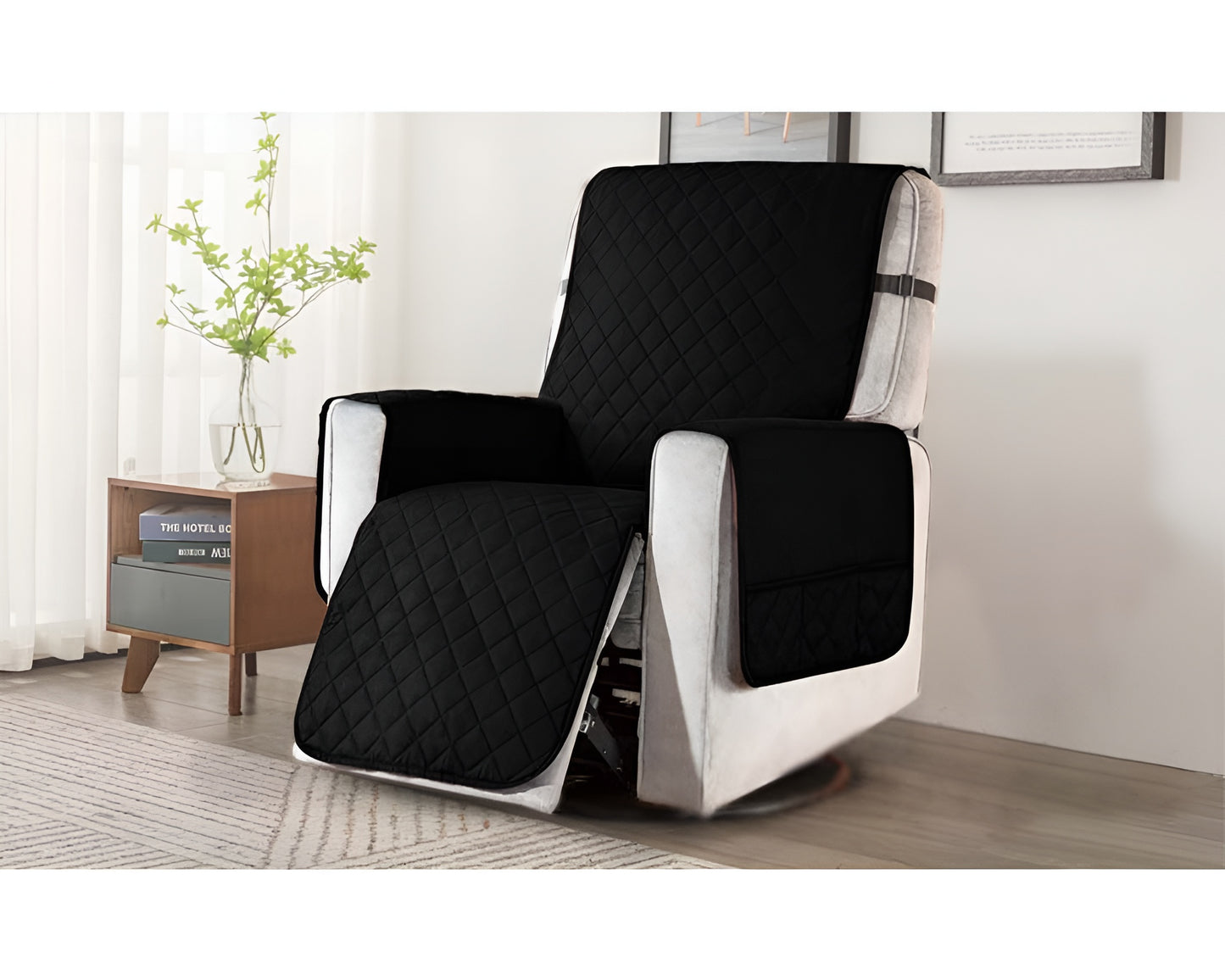 Recliner Chair Cover Fitted Small Sofa Slip Cover Seat Width to 25 Inch Reversible Washable Protector with Elastic Adjustable Strap for Home with Kids and Pets (Small, Black)