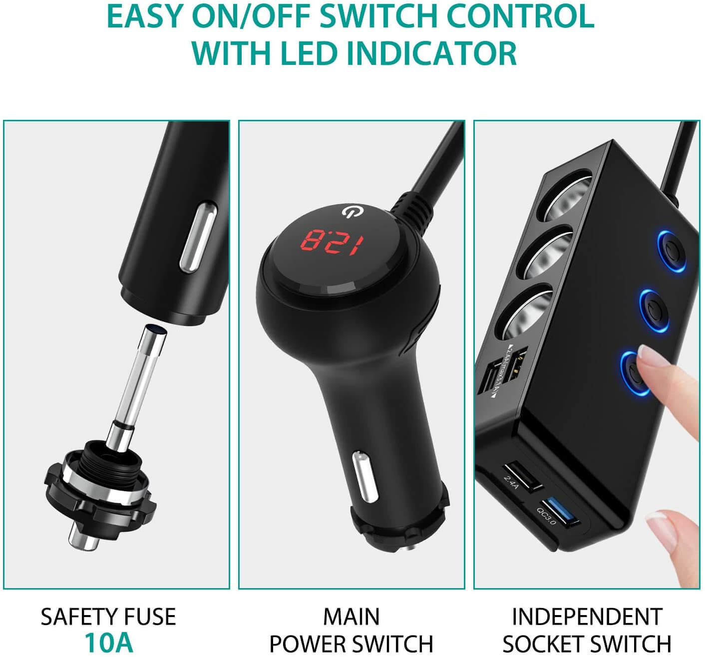 Quick Charge 3.0 Cigarette Lighter Adapter 120W, 12V/24V, 3-Socket Splitter with 8.5A DC Output