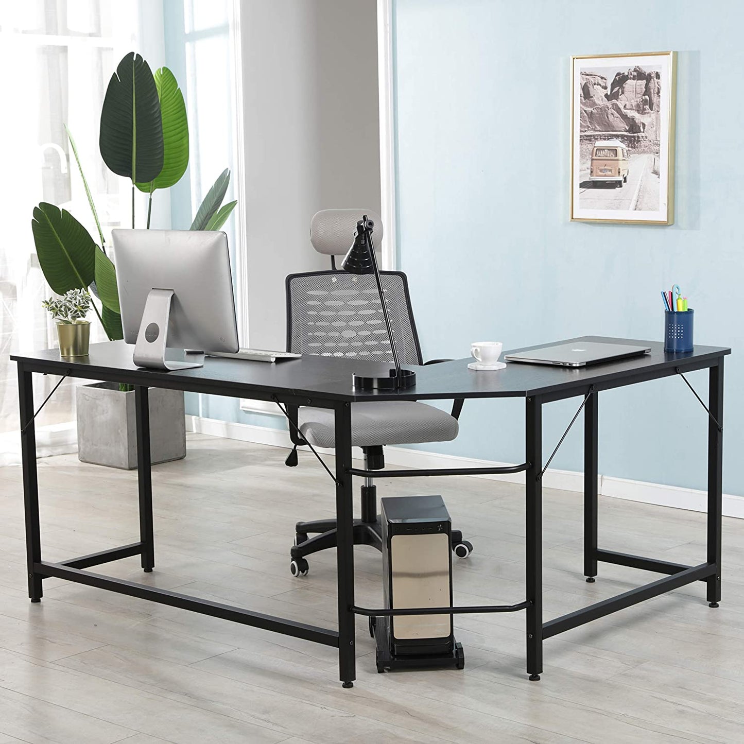 L-Shaped Corner Computer Desk, Gaming Table with Round Corner, Study Writing Wooden Table for Home and Office, Black Color