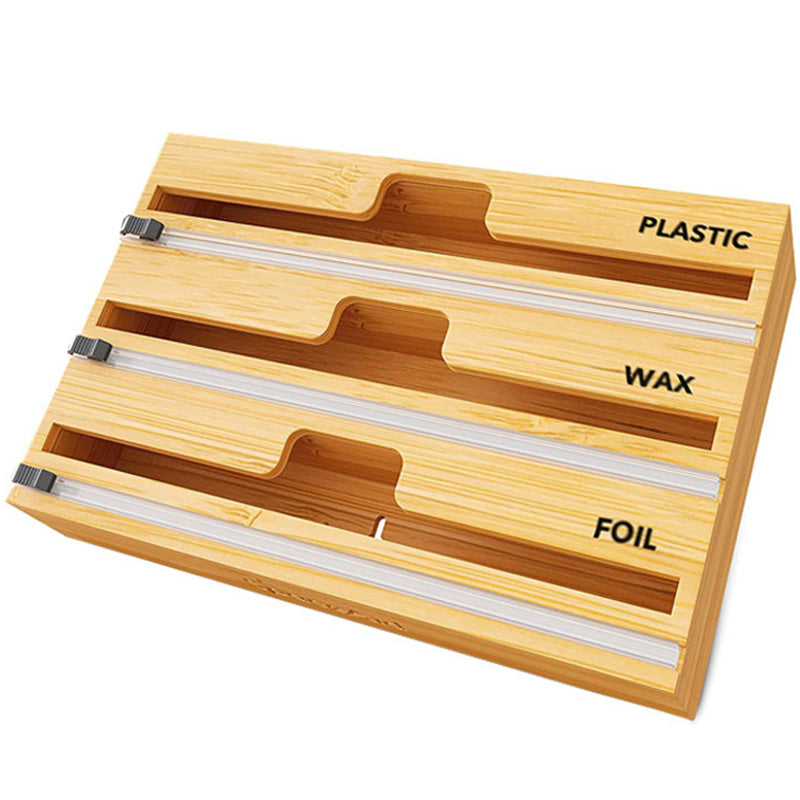Bamboo Food Wrap Dispenser Cutter Foil Cling Film Storage Holder