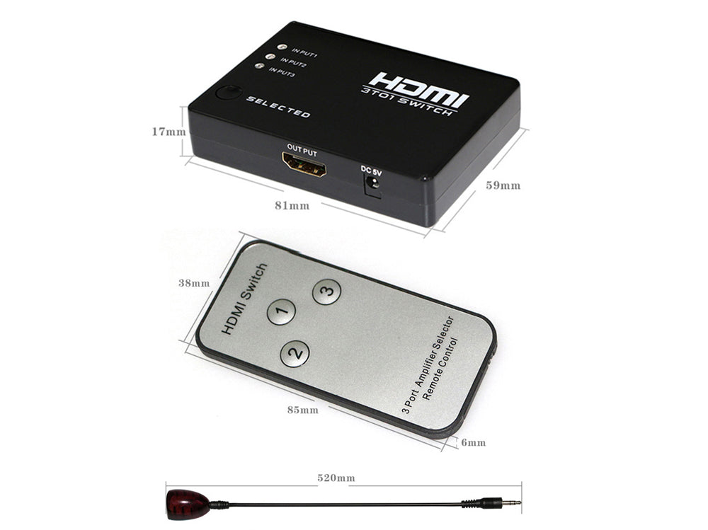 HDMI Splitter 3-Port – Full HD 1080P HDMI Switcher with IR Remote, Supports PS3, Xbox, HDTV, Dolby Audio