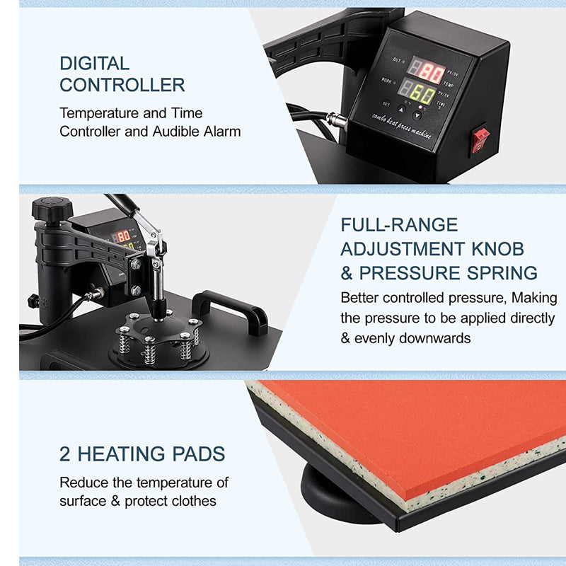 Heat Press 15x15 Inch 8 in 1 Heat Press Machine | Digital Multifunctional Sublimation Machine for T-Shirts, Hats, Mugs, Plates
