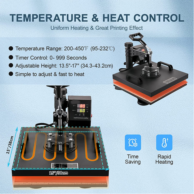 Heat Press 15x15 Inch 8 in 1 Heat Press Machine | Digital Multifunctional Sublimation Machine for T-Shirts, Hats, Mugs, Plates