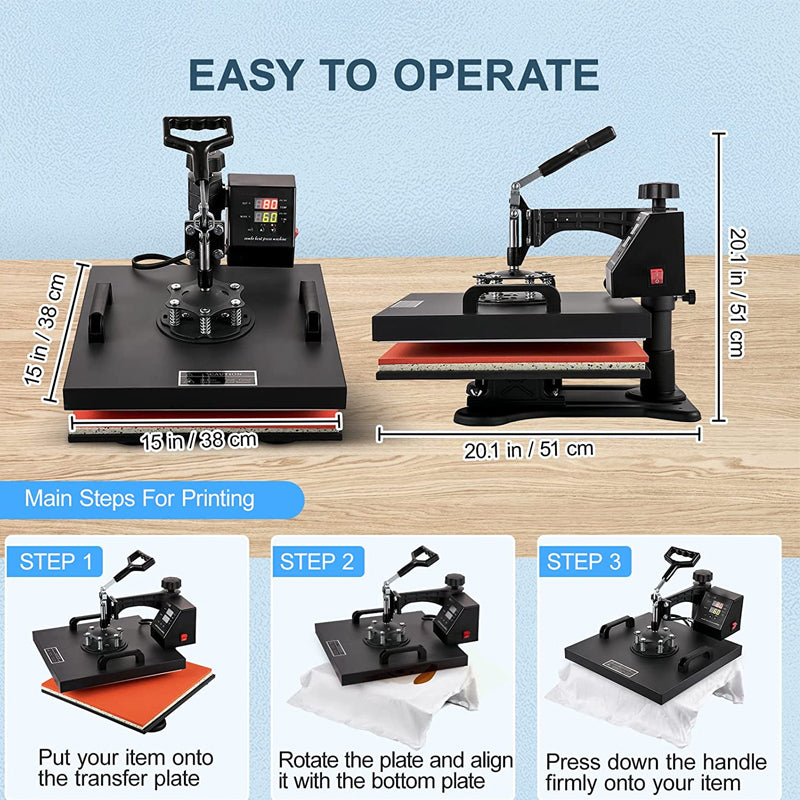 Heat Press 15x15 Inch 8 in 1 Heat Press Machine | Digital Multifunctional Sublimation Machine for T-Shirts, Hats, Mugs, Plates