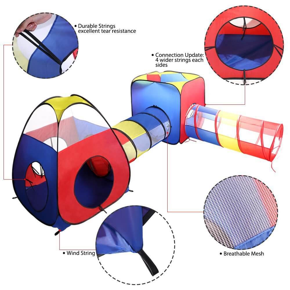 4 Piece Folding Play Tent Set - Tunnel, Triangle Playhouse and Ball Pit Activity Tent