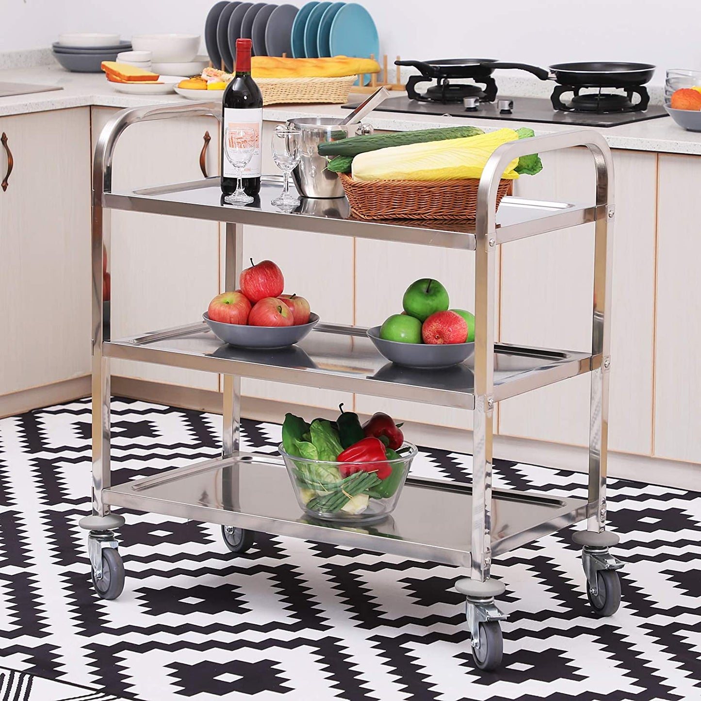 3-Tier Stainless Steel Kitchen Trolley - Durable Storage Cart for Kitchen, Hotel, and Medical Use
