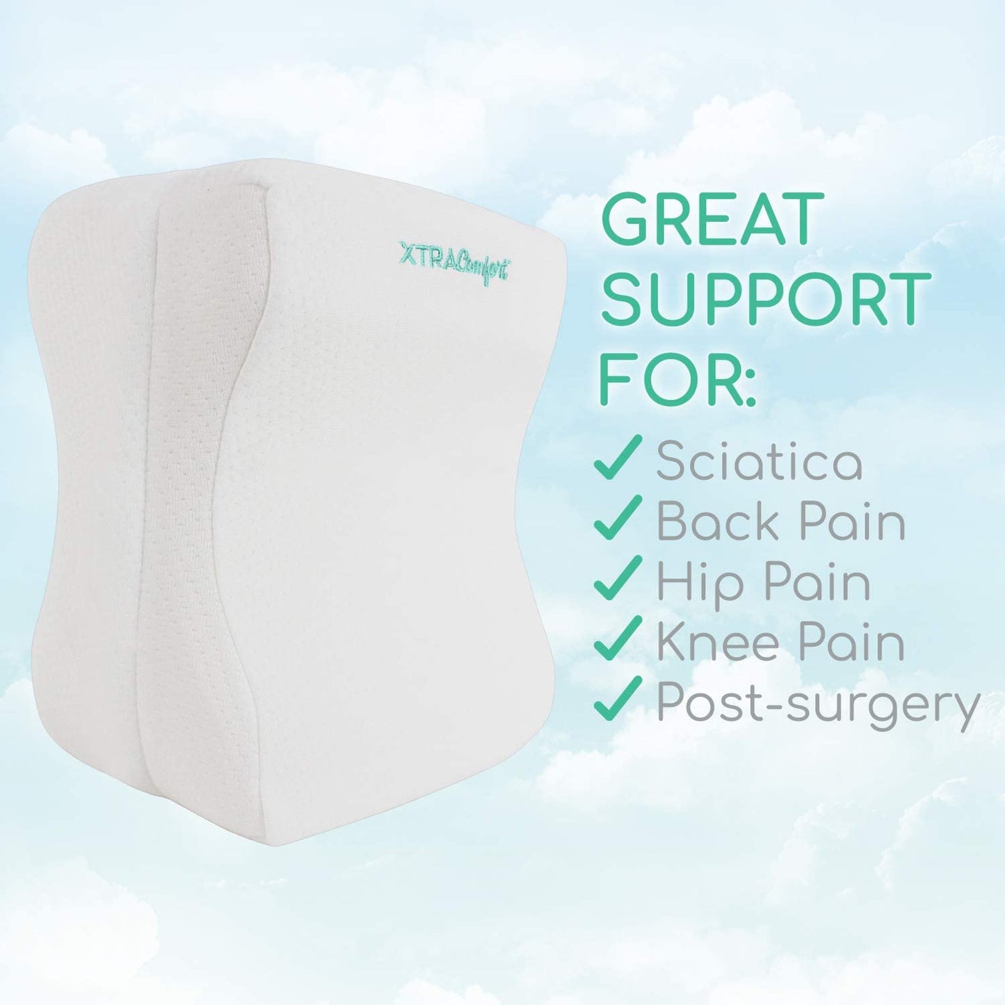 Xtra-Comfort Memory Foam Knee Pillow - Orthopedic Sciatica, Back, Under Leg, Hip and Joint Support for Side Sleepers
