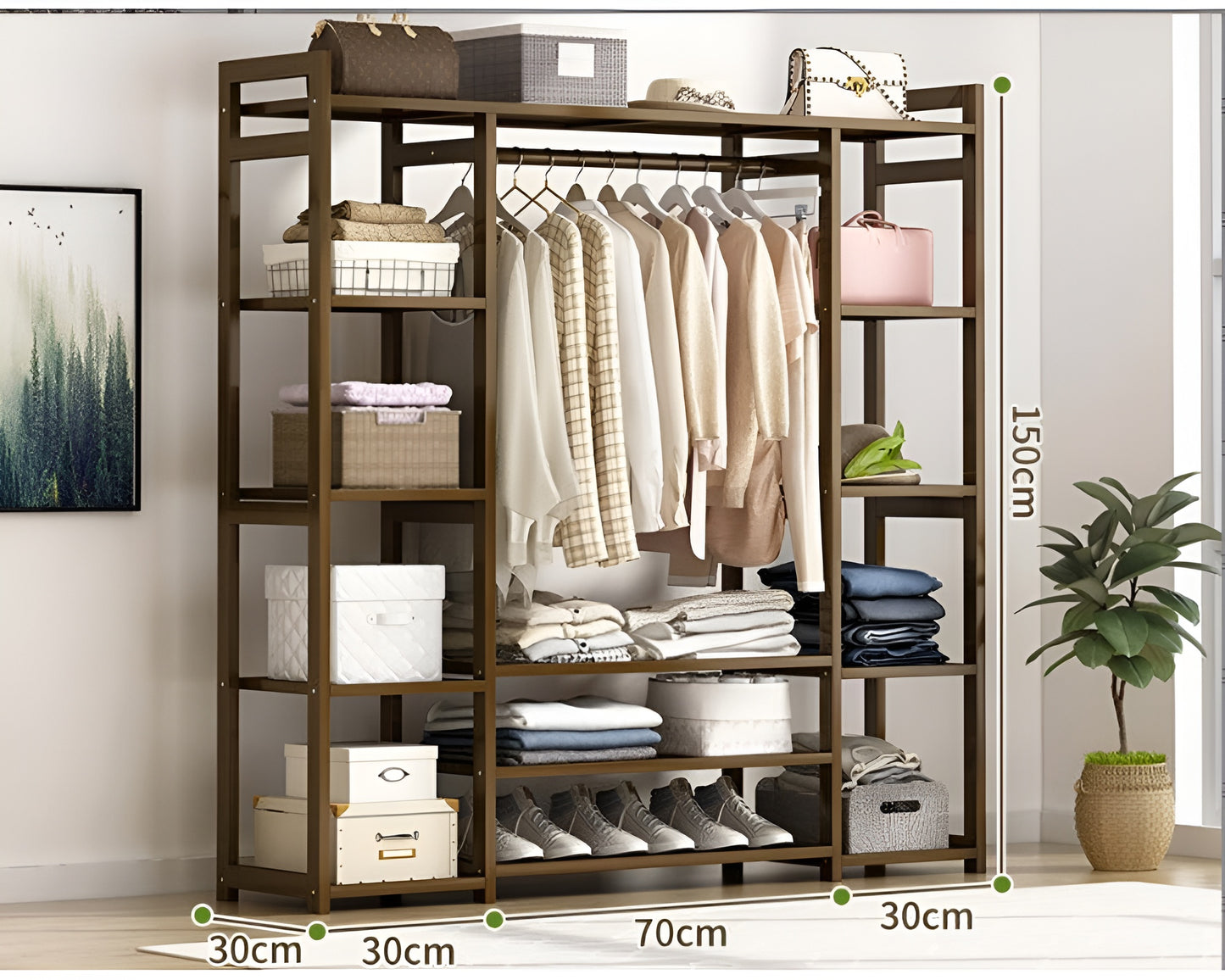 Bamboo Clothes Rail Garment Rack – Freestanding Clothes Rail Wardrobe Organiser