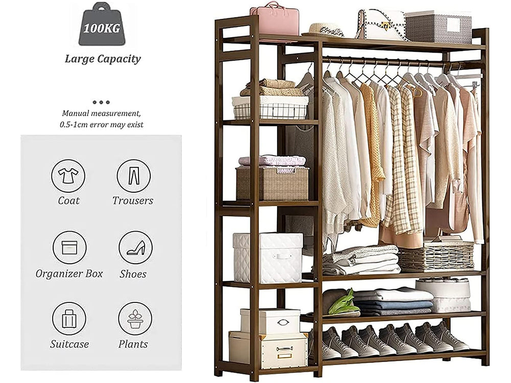 Bamboo Wardrobe Coat Rack – Multifunctional Freestanding Organizer with 5-Tier Shelves, Sustainable (120 x 30 x 150 cm)
