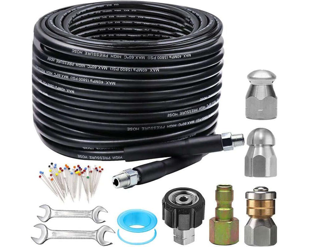 30M Kit for Pressure Washer - 100FT, 5800PSI Drain Cleaner Hose with Sewer Jetting Nozzle, Waterproof Tape Spanners