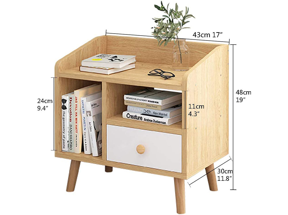 Bedside Table Modern – Nordic Bedside Table with Drawer, Shelves & Rounded Corners (19x17")