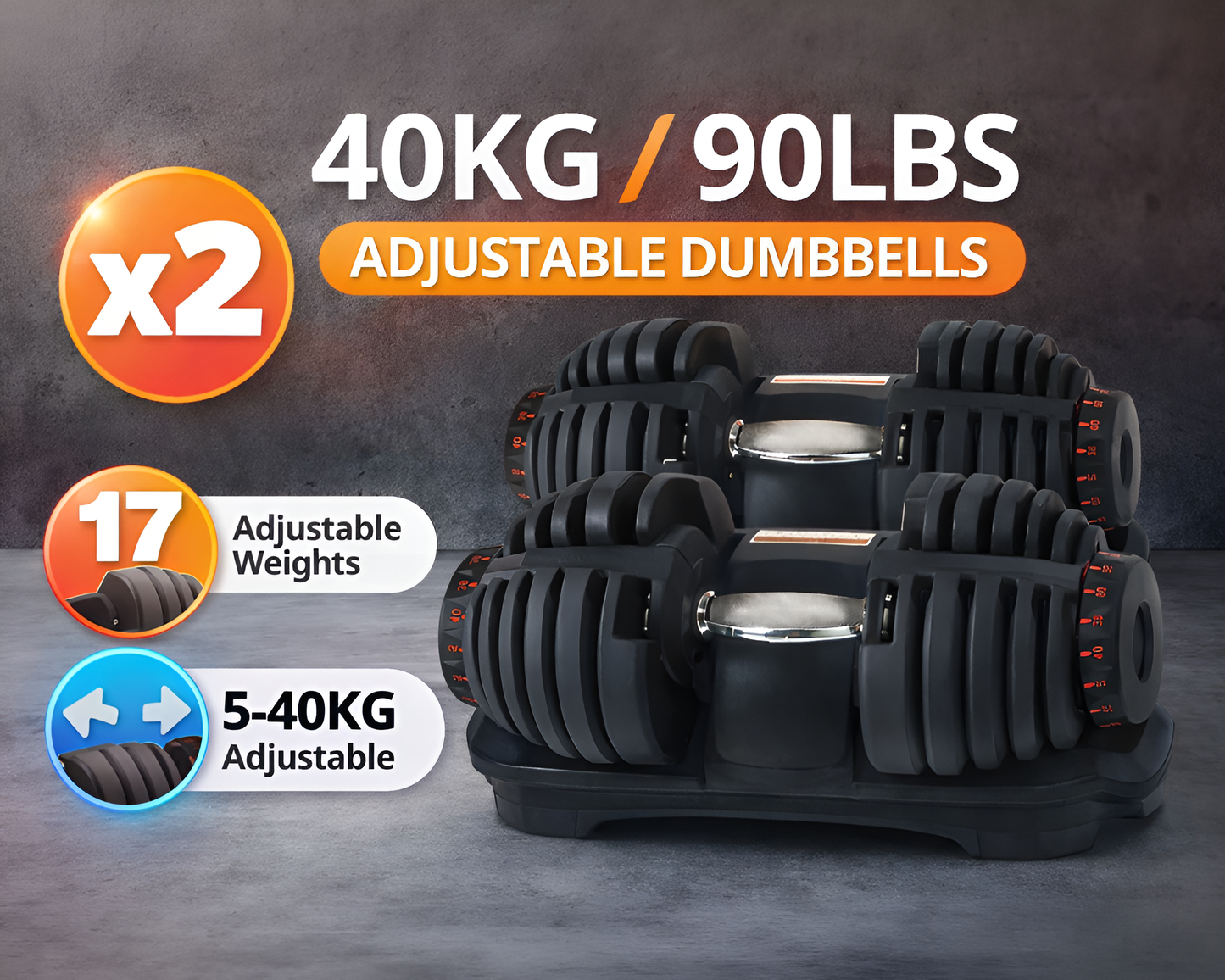 40KG Adjustable Dumbbells Pair 17 Weight Increments, Space-Saving Home Gym