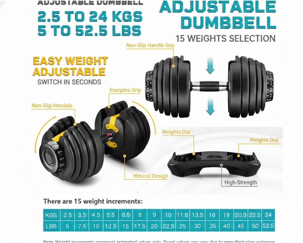 Adjustable Dumbbells 24Kg Pair