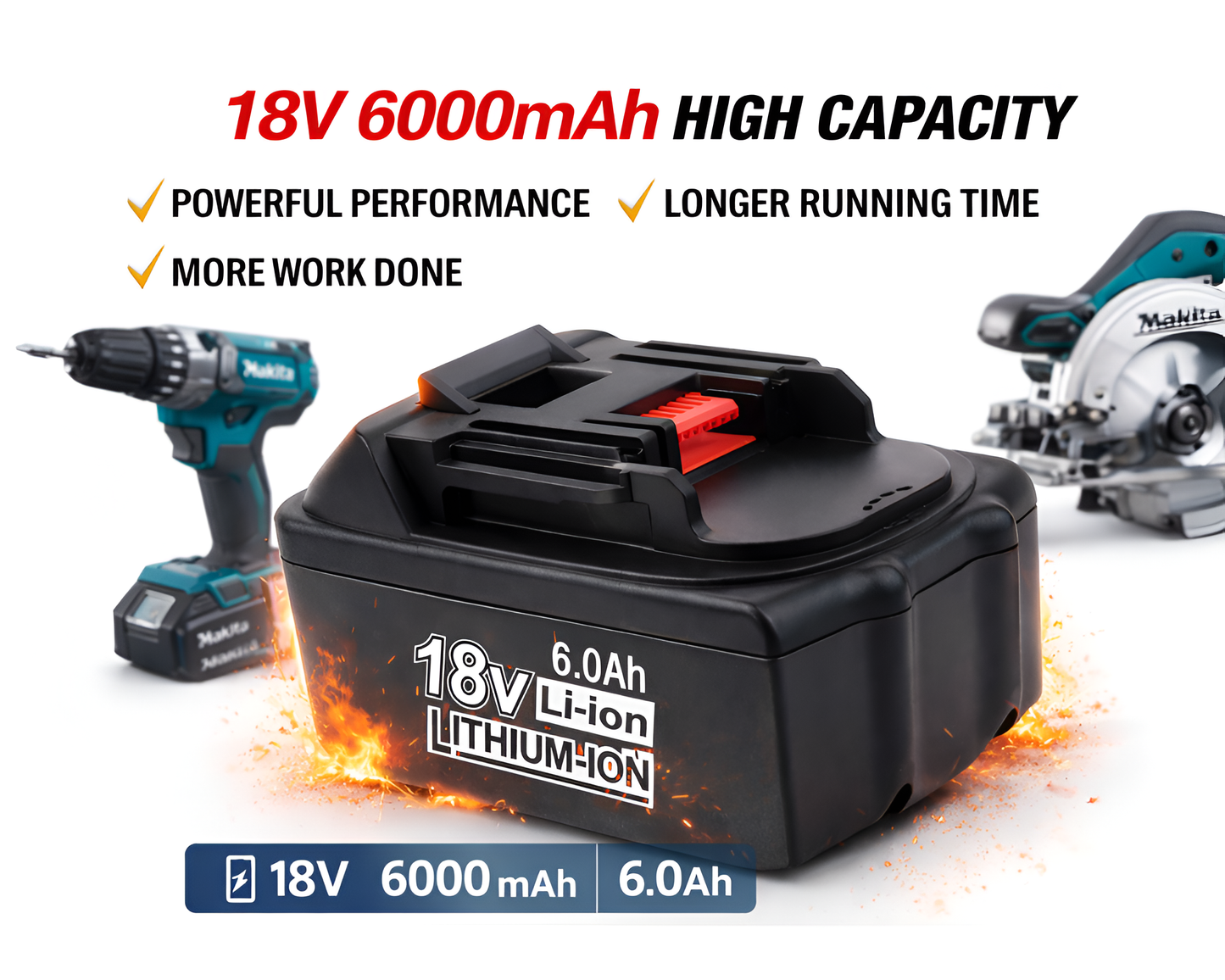 Makita 18V Replacement Battery - 6000mAh Lithium-Ion Battery Compatible with BL1860