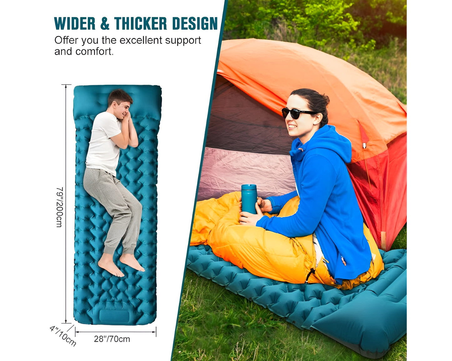 Car Air Mattres Self-Inflating Camping Pad - Ultralight Air Mattress for 2, Extra Thick, Connectable, with Built-In Foot Pump - Ideal for Backpacking, Hiking, and Camping