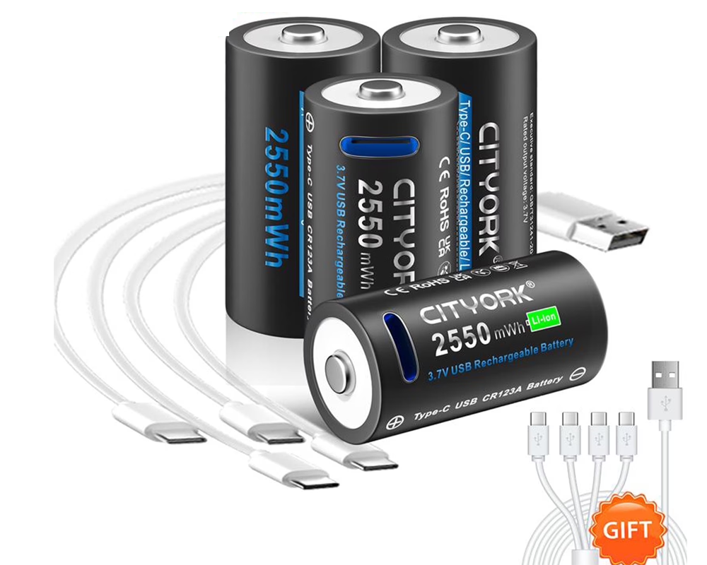 CR123A Battery - 4-Pack Rechargeable Lithium Batteries with USB Type-C Charging Cable