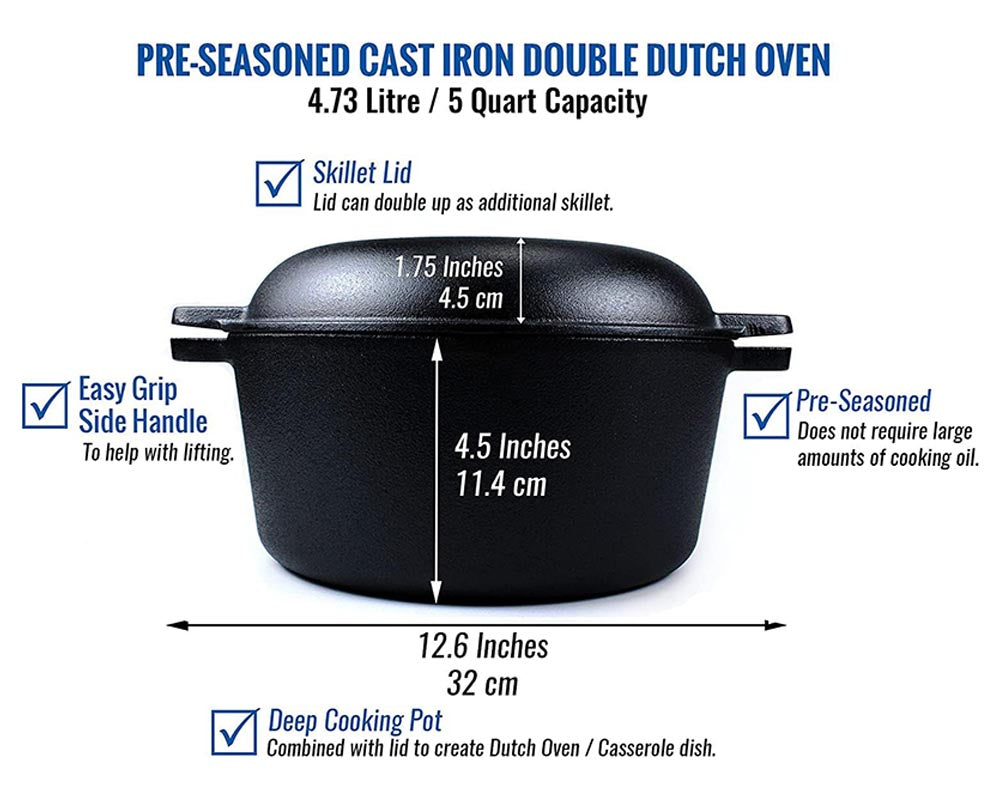 Cast Iron Dutch Oven with 2-in-1 Skillet Lid – 5 Quart Pot & 1.6 Quart Pan, Pre-Seasoned for Camping, BBQ, Home Cooking, and Baking