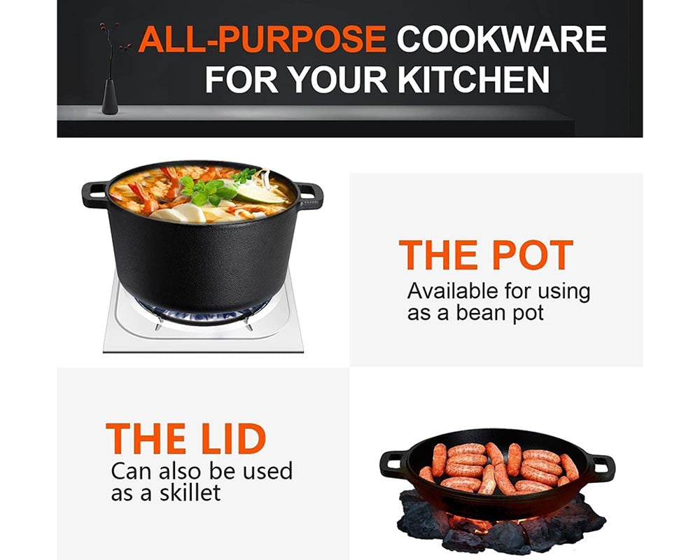Cast Iron Dutch Oven with 2-in-1 Skillet Lid – 5 Quart Pot & 1.6 Quart Pan, Pre-Seasoned for Camping, BBQ, Home Cooking, and Baking