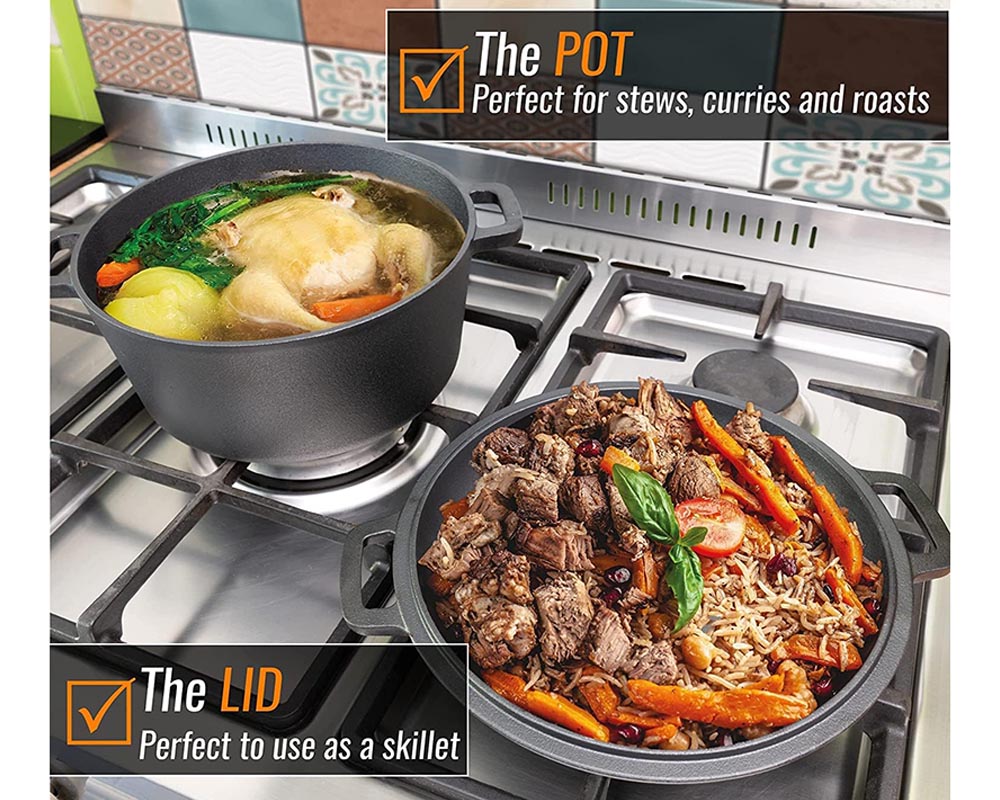 Cast Iron Dutch Oven with 2-in-1 Skillet Lid – 5 Quart Pot & 1.6 Quart Pan, Pre-Seasoned for Camping, BBQ, Home Cooking, and Baking