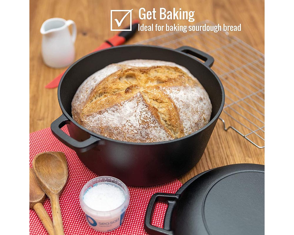 Cast Iron Dutch Oven with 2-in-1 Skillet Lid – 5 Quart Pot & 1.6 Quart Pan, Pre-Seasoned for Camping, BBQ, Home Cooking, and Baking