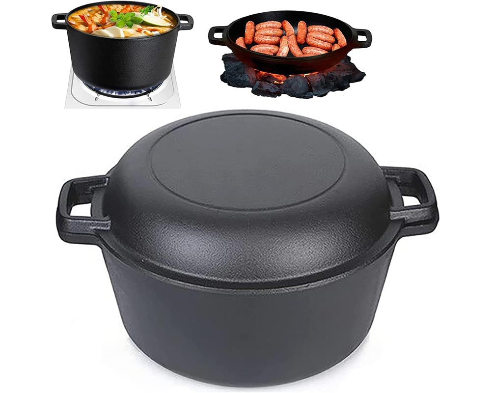 Cast Iron Dutch Oven with 2-in-1 Skillet Lid – 5 Quart Pot & 1.6 Quart Pan, Pre-Seasoned for Camping, BBQ, Home Cooking, and Baking