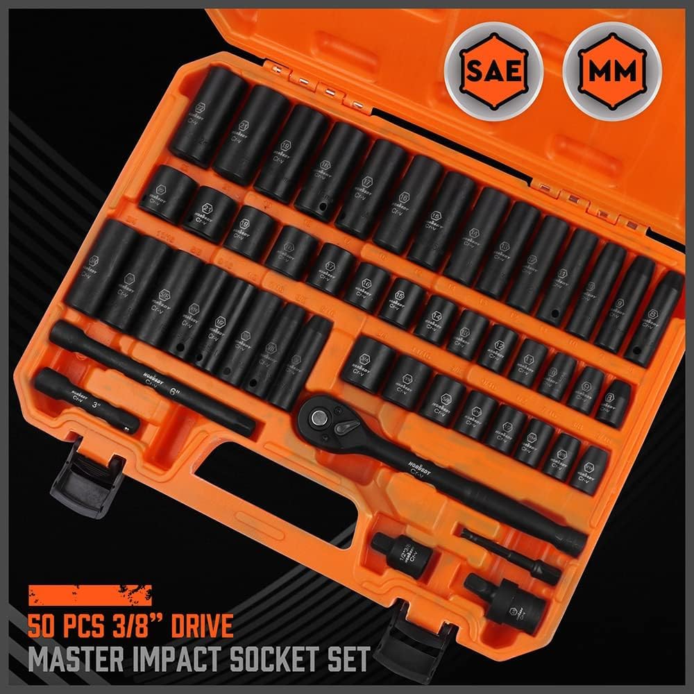 HORUSDY 50-Piece 3/8" Drive Impact Socket Set - SAE & Metric, 6-Point, Cr-V with Extension Bar & Universal Joint