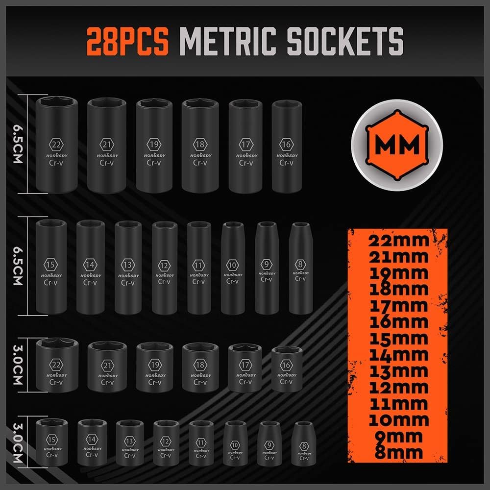 HORUSDY 50-Piece 3/8" Drive Impact Socket Set - SAE & Metric, 6-Point, Cr-V with Extension Bar & Universal Joint