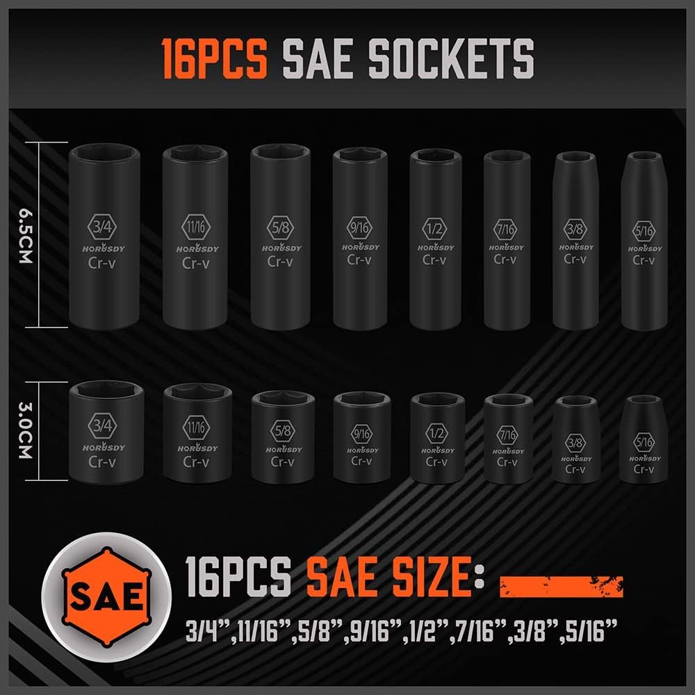 HORUSDY 50-Piece 3/8" Drive Impact Socket Set - SAE & Metric, 6-Point, Cr-V with Extension Bar & Universal Joint