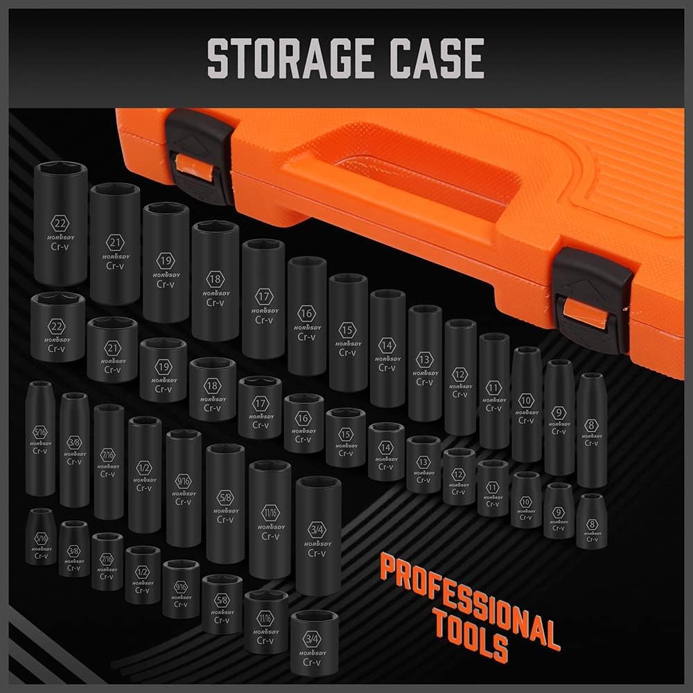 HORUSDY 50-Piece 3/8" Drive Impact Socket Set - SAE & Metric, 6-Point, Cr-V with Extension Bar & Universal Joint