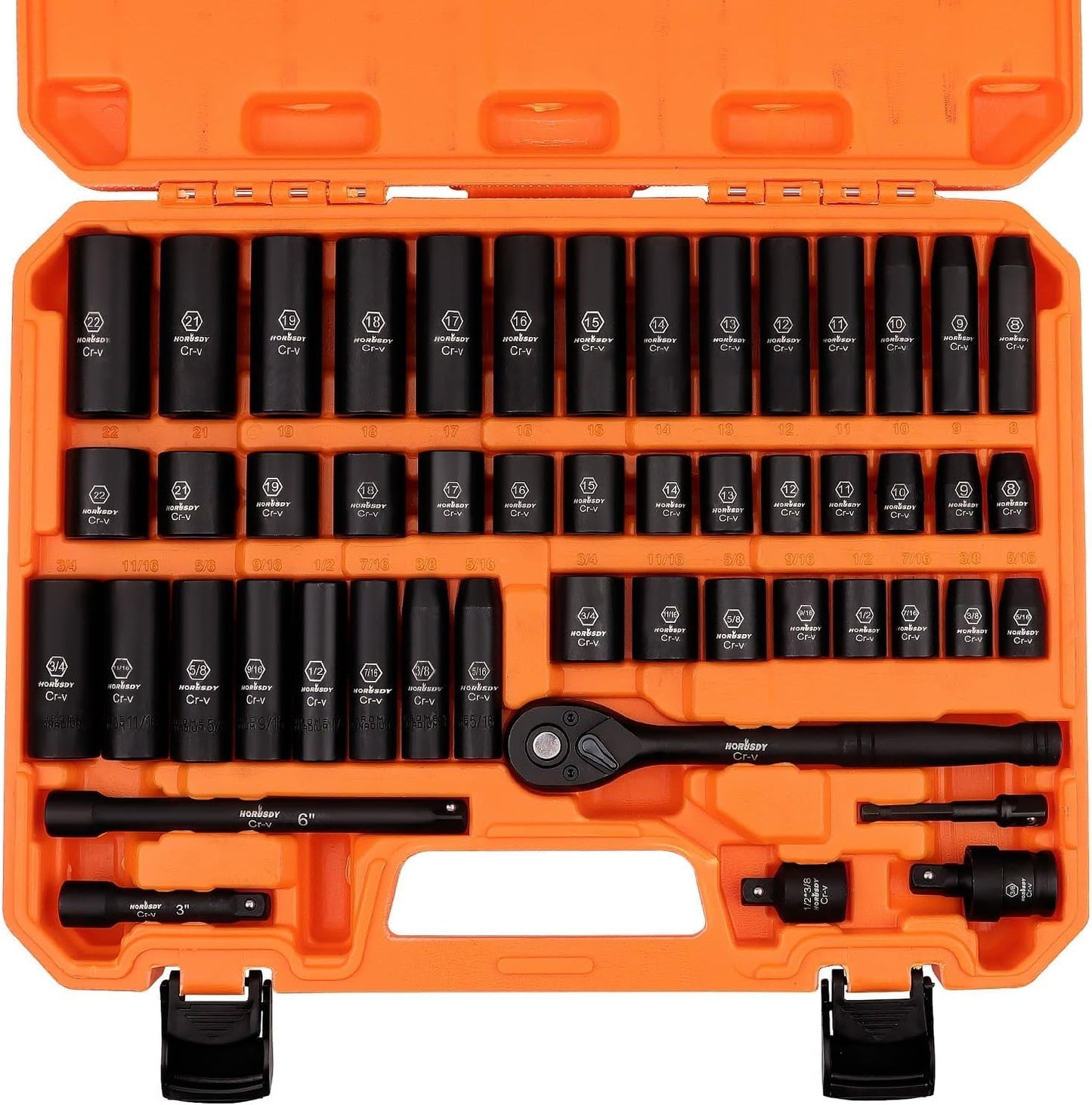 HORUSDY 50-Piece 3/8" Drive Impact Socket Set - SAE & Metric, 6-Point, Cr-V with Extension Bar & Universal Joint