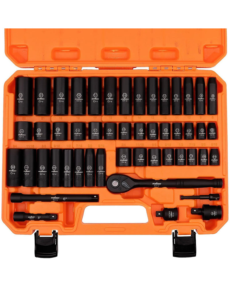 HORUSDY 50-Piece 3/8" Drive Impact Socket Set - SAE & Metric, 6-Point, Cr-V with Extension Bar & Universal Joint