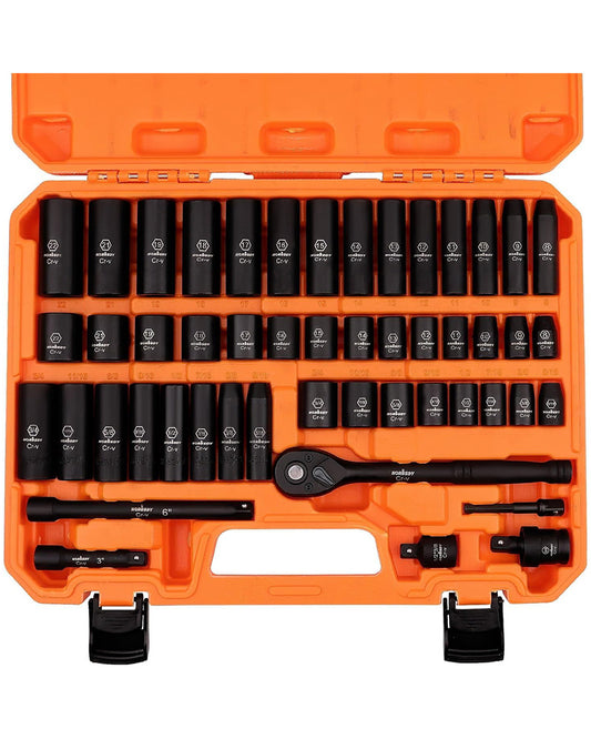 HORUSDY 50-Piece 3/8" Drive Impact Socket Set - SAE & Metric, 6-Point, Cr-V with Extension Bar & Universal Joint