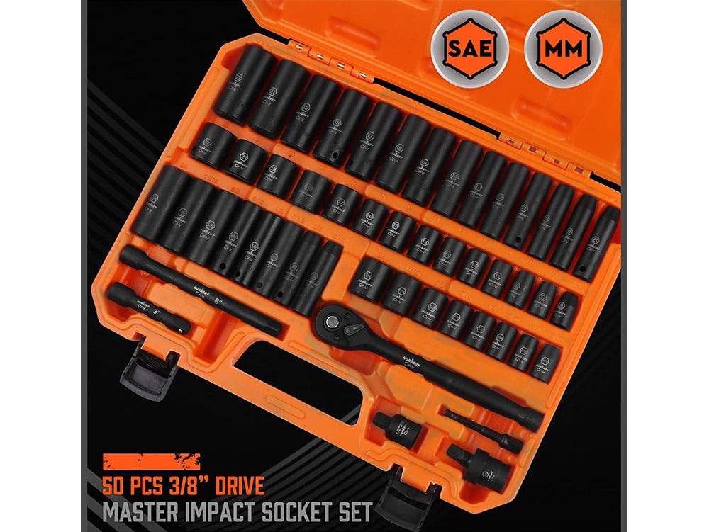 HORUSDY 50-Piece 3/8" Drive Impact Socket Set - SAE & Metric, 6-Point, Cr-V with Extension Bar & Universal Joint