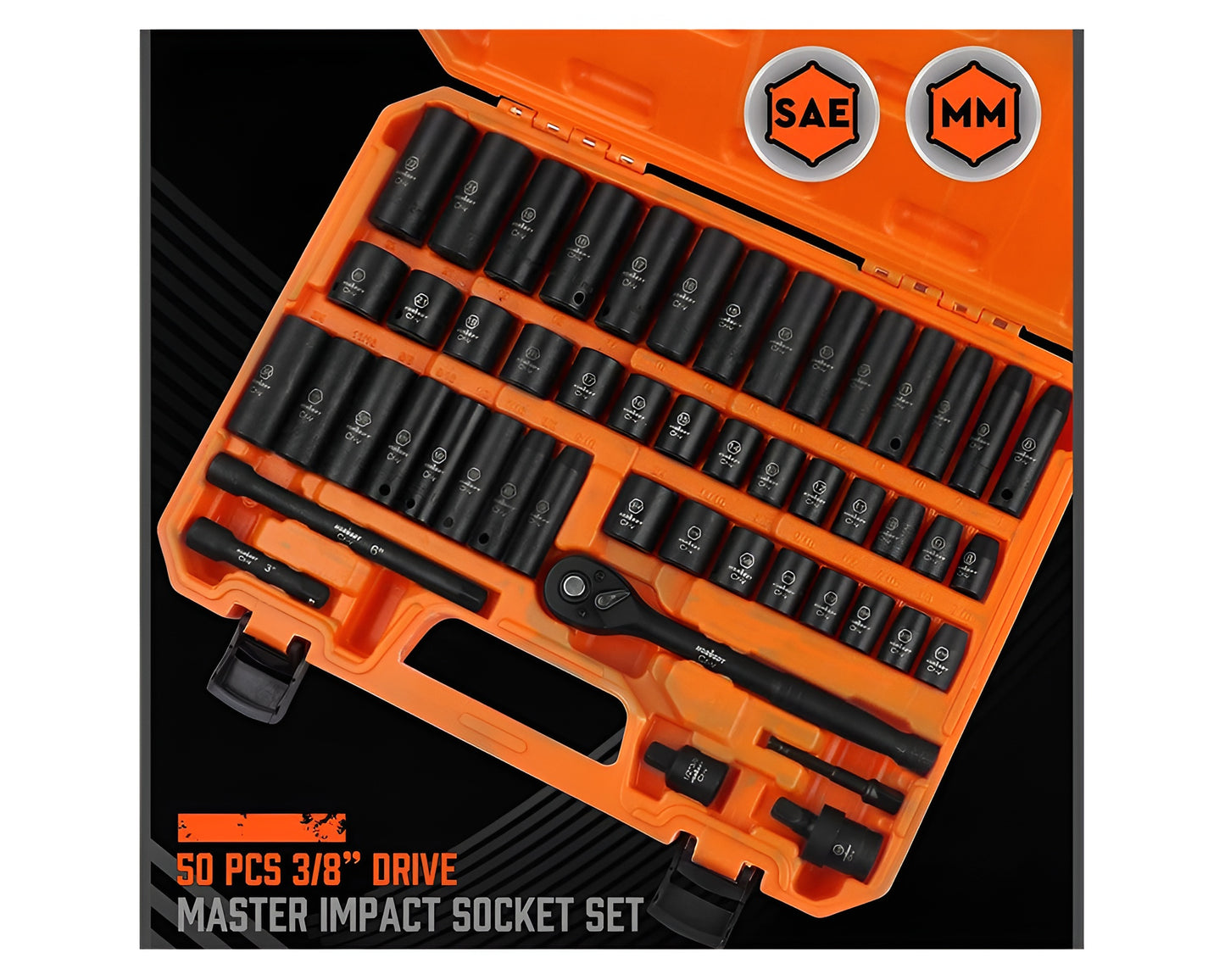 HORUSDY 50-Piece 3/8" Drive Impact Socket Set - SAE & Metric, 6-Point, Cr-V with Extension Bar & Universal Joint