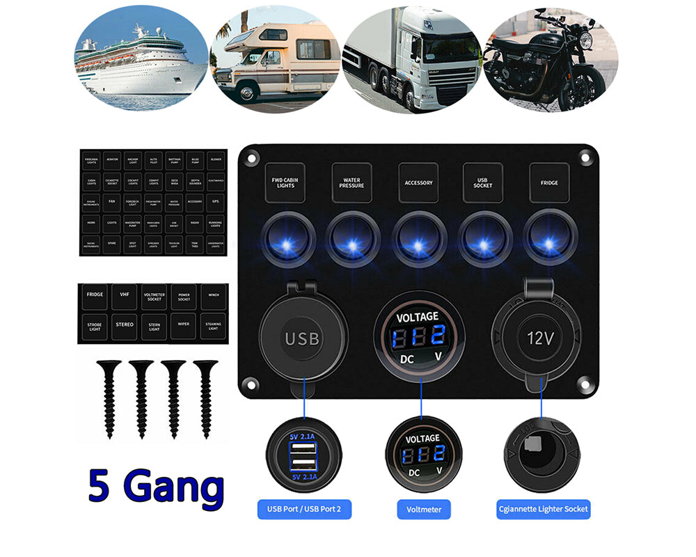5 Gang On-Off Blue LED Toggle Switch Panel with Voltmeter & Dual USB for Car, Boat, Marine