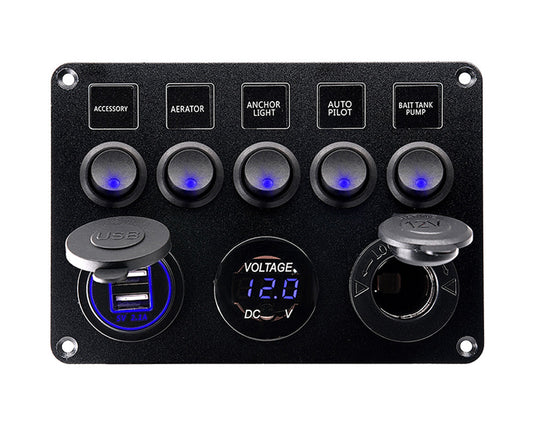 5 Gang On-Off Blue LED Toggle Switch Panel with Voltmeter & Dual USB for Car, Boat, Marine