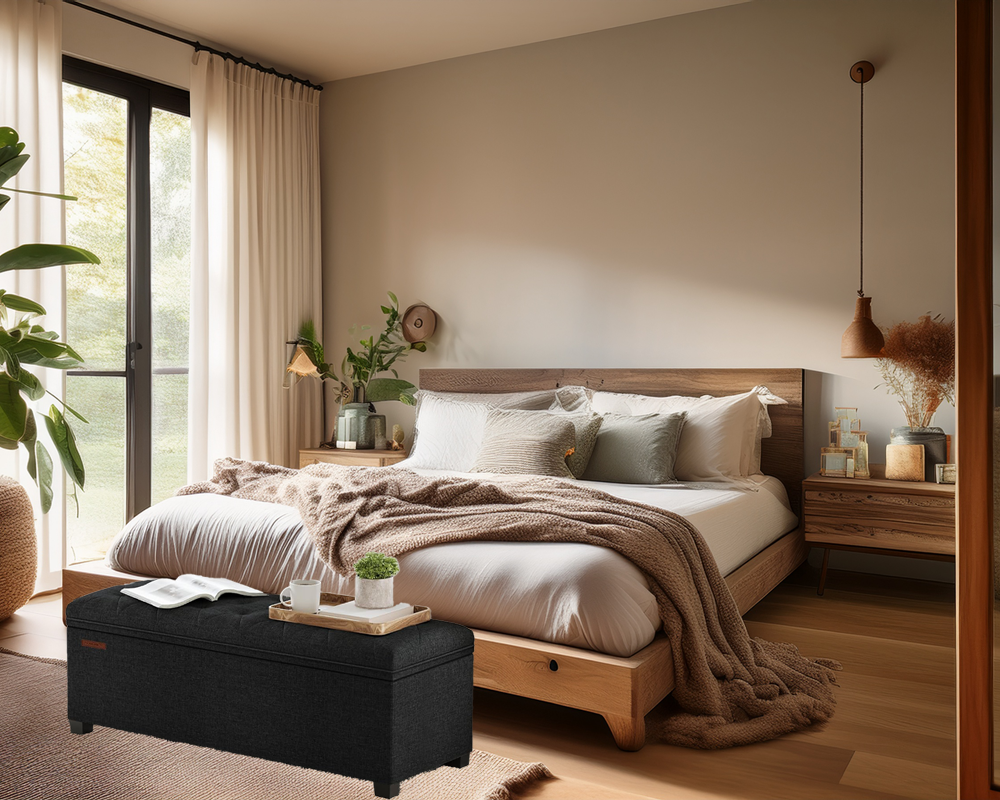 2 in 1 Storage Ottoman Bench Seat - Ink Black