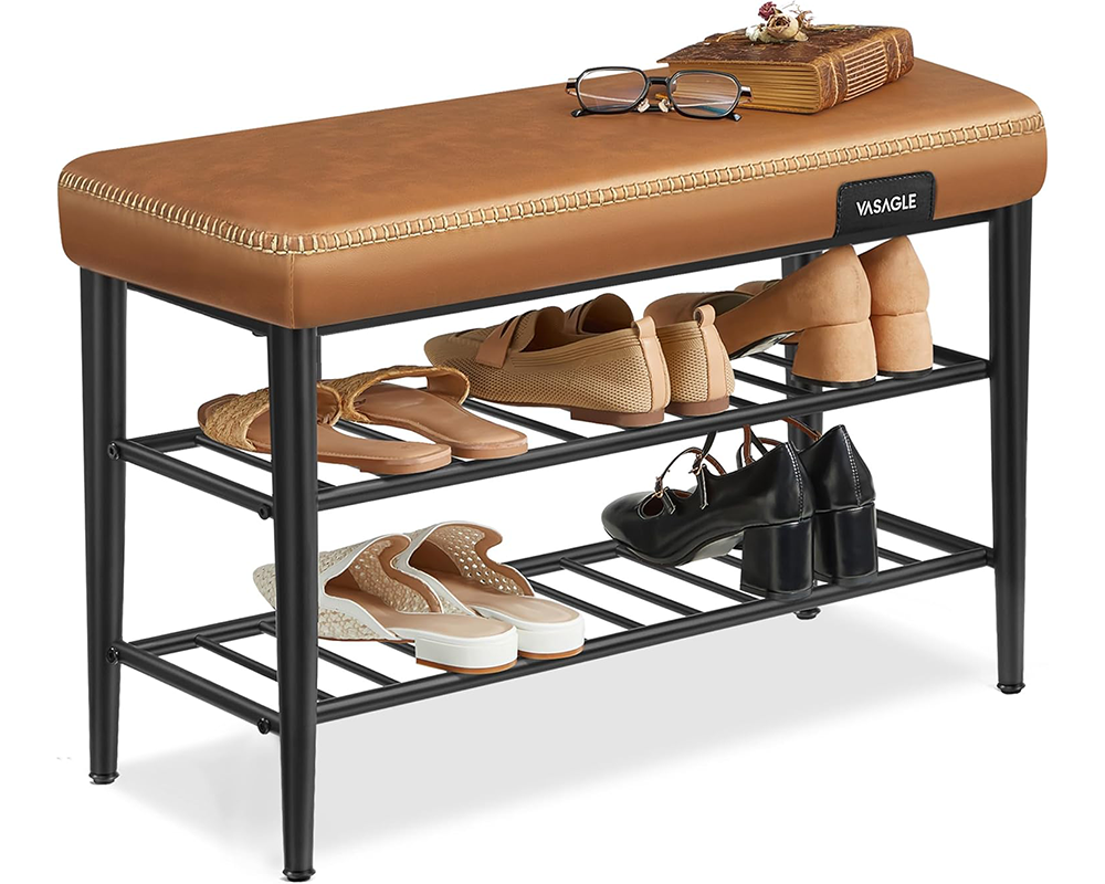 VASAGLE Caramel Brown Shoe Bench – 3-Tier Storage Rack