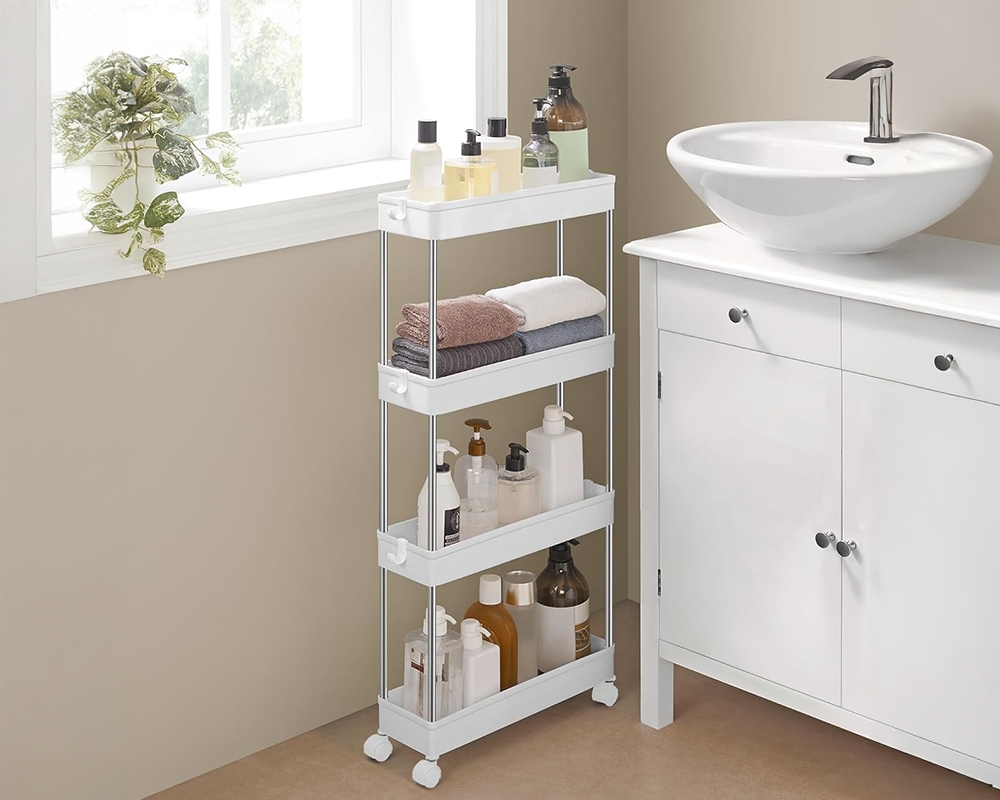 Kitchen Bathroom Storage Trolley Cart Foldable – 4-Tier Rolling Storage Cart for Home & Office