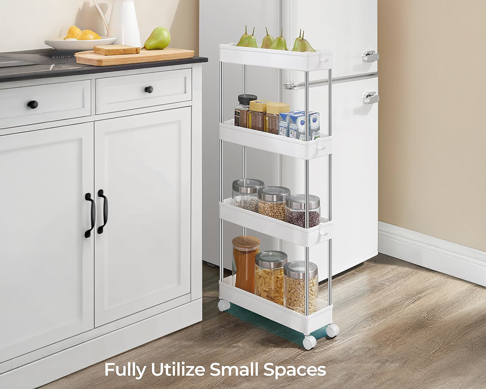 Kitchen Bathroom Storage Trolley Cart Foldable – 4-Tier Rolling Storage Cart for Home & Office