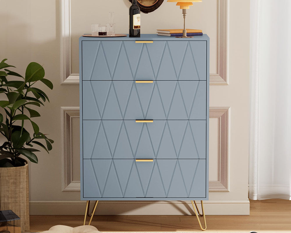 CURA Sky Blue 4-Drawer Dresser for Bedroom Tallboy – Modern Storage Cabinet Tallboy with Golden Handles Tallboy Chest of Drawer